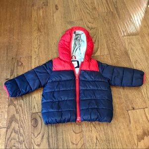 GAP Navy and Red Puffer Jacket with Hood